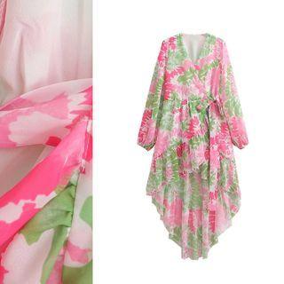 Long Sleeve Printed Dip Back Dress