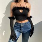 Set: Fluffy Trim Cropped Camisole Top + Gloves
