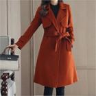 Double-breasted Long Coat With Sash Camel - S