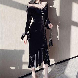 Off-shoulder Mesh-trim Ruffled Midi Dress