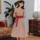 Button-front Square Neck Long-sleeve Dress