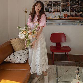 Band-waist Perforated Flare Skirt