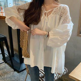 Long-sleeve Lace Panel Tie-neck Top