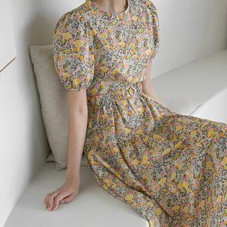 Puff-sleeve Tiered Long Floral Dress With Belt Yellow - One Size
