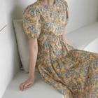 Puff-sleeve Tiered Long Floral Dress With Belt Yellow - One Size