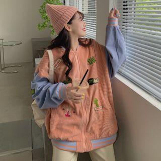 Cartoon Embroidered Paneled Zip Jacket