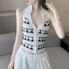 Halter-neck Heart Print Knit Camisole Top Love Heart - Black & White - One Size