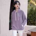 Letter Embroidered Faux Shearling Hoodie Light Purple - One Size