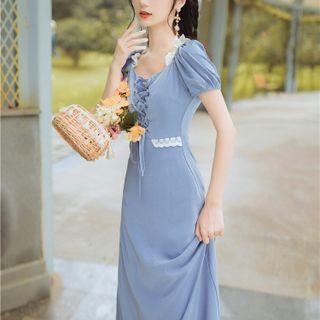 Short-sleeve Lace-up Lace Trim Midi A-line Dress