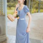Short-sleeve Lace-up Lace Trim Midi A-line Dress