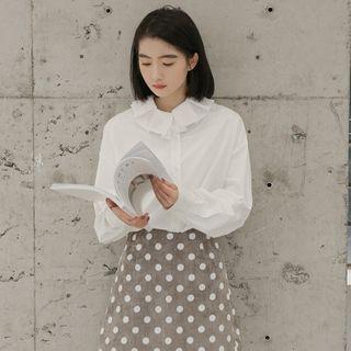 Long-sleeve Pleated Collar Blouse White - One Size