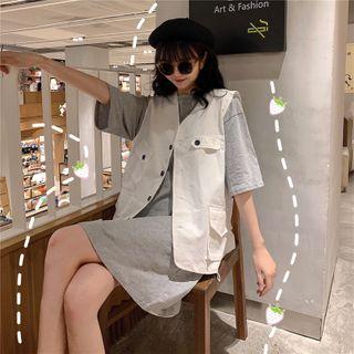 Plain Elbow-sleeve T-shirt Dress / Pocket Detail Vest