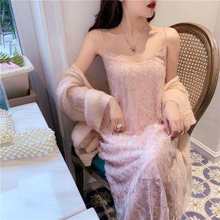 Spaghetti Strap Sequined Lace A-line Midi Dress