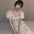 Square-neck Puff-sleeve Slit Floral Dress