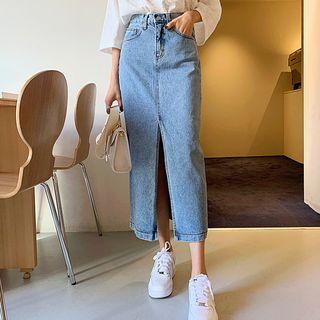 Deep-slit Maxi H-line Denim Skirt