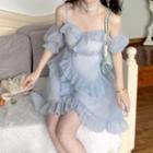 Elbow-sleeve Off-shoulder Ruffled Mini A-line Dress