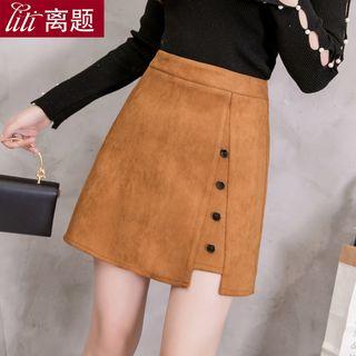 Faux Suede Button Accent A-line Skirt