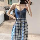 Plaid Panel Spaghetti Strap Midi A-line Dress As Shown In Figure - One Size