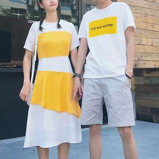 Couple Matching Short-sleeve Lettering T-shirt / Two-tone A-line Dress