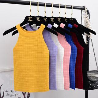 Grid Embroidered Halter-neck Knit Top