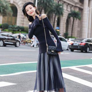 Set: Cold Shoulder Knit Top + Pleated Midi Skirt
