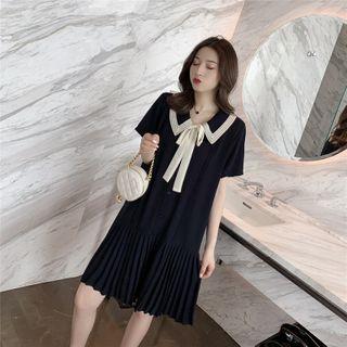 Short-sleeve Collared Pleated Mini A-line Dress