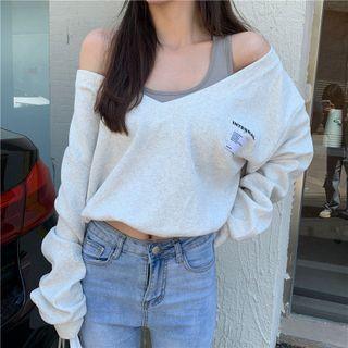 Off-shoulder Cropped Lettering Sweatshirt