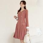 Long-sleeve V-neck Double-breasted Pleated Dress