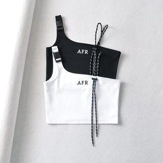 One-shoulder Lettering Buckled Crop Tank Top
