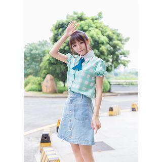 Plaid Puff-sleeve Chiffon Blouse