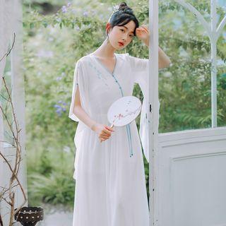 Embroidered Ruffle-sleeve V-neck Chiffon Dress