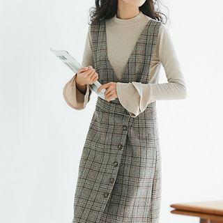 Set: Plaid Pinafore Midi Dress + Long-sleeve Knit Top