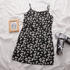 Flower Print Spaghetti Strap Mini A-line Dress White Flowers - Black - One Size