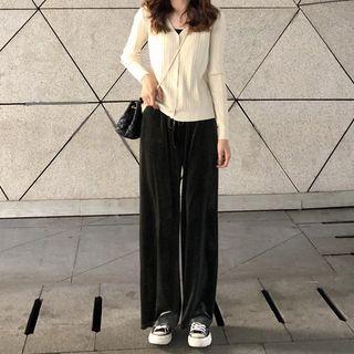 Ribbed Buttoned Cardigan / Wide-leg Velvet Pants