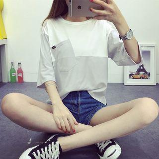 Colour Block Dip Back Elbow-sleeve T-shirt