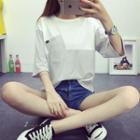 Colour Block Dip Back Elbow-sleeve T-shirt