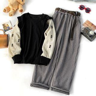 Ruffled Bow Sweater / Plaid Straight Leg Pants