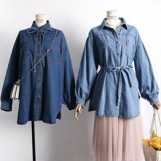 Tie-neckline Bubble-sleeved Denim Blouse