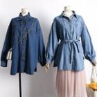 Tie-neckline Bubble-sleeved Denim Blouse