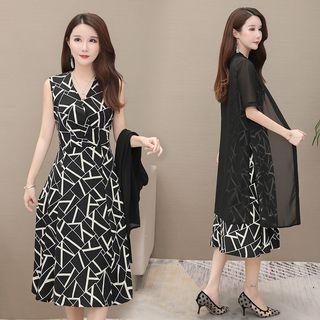 Set: V-neck Sleeveless Print Shift Dress + Short Sleeve Sheer Light Jacket