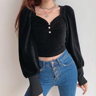 Lantern-sleeve Square-neck Blouse