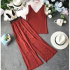 Set: V-neck Chiffon Tank Top + High-waist Wide-leg Pants