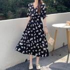 V-neck Bow Print Midi A-line Dress