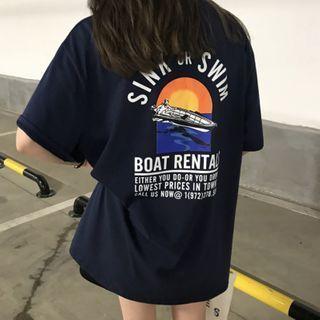 Short-sleeve Lettering Print T-shirt Navy Blue - One Size