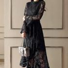 Lace Ruffle Trim Long-sleeve Midi A-line Dress