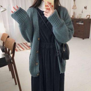 Pocket Detail Cardigan / Corduroy Sleeveless Midi A-line Dress