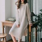 Turtleneck Long-sleeve Chunky Knit Dress Almond - One Size