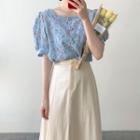 Floral Print Short-sleeve Chiffon Blouse / Midi A-line Skirt