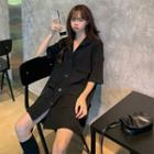 Short-sleeve Flap-pocket Button-up Mini A-line Dress Black - One Size