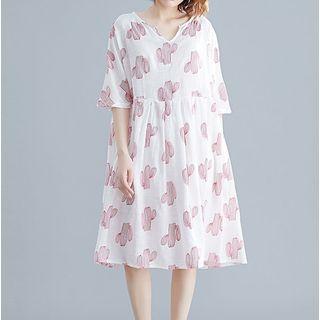 Elbow-sleeve All Over Print Dress